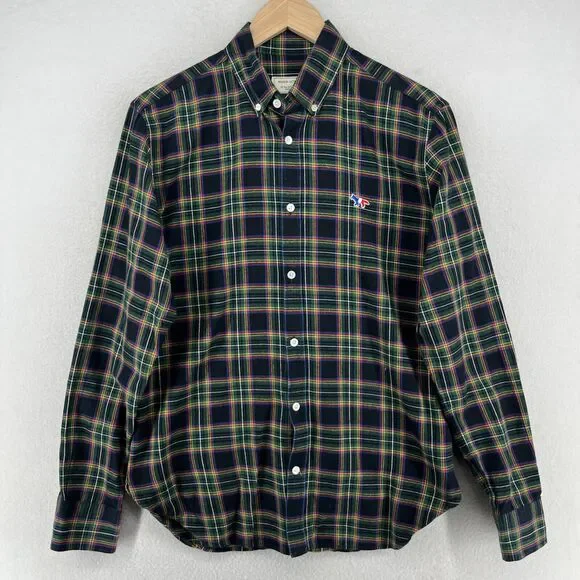 MAISON KITSUNE Shirt Mens 40 L Tartan Plaid Flannel Tricolor Fox Cotton Green - Picture 2 of 14